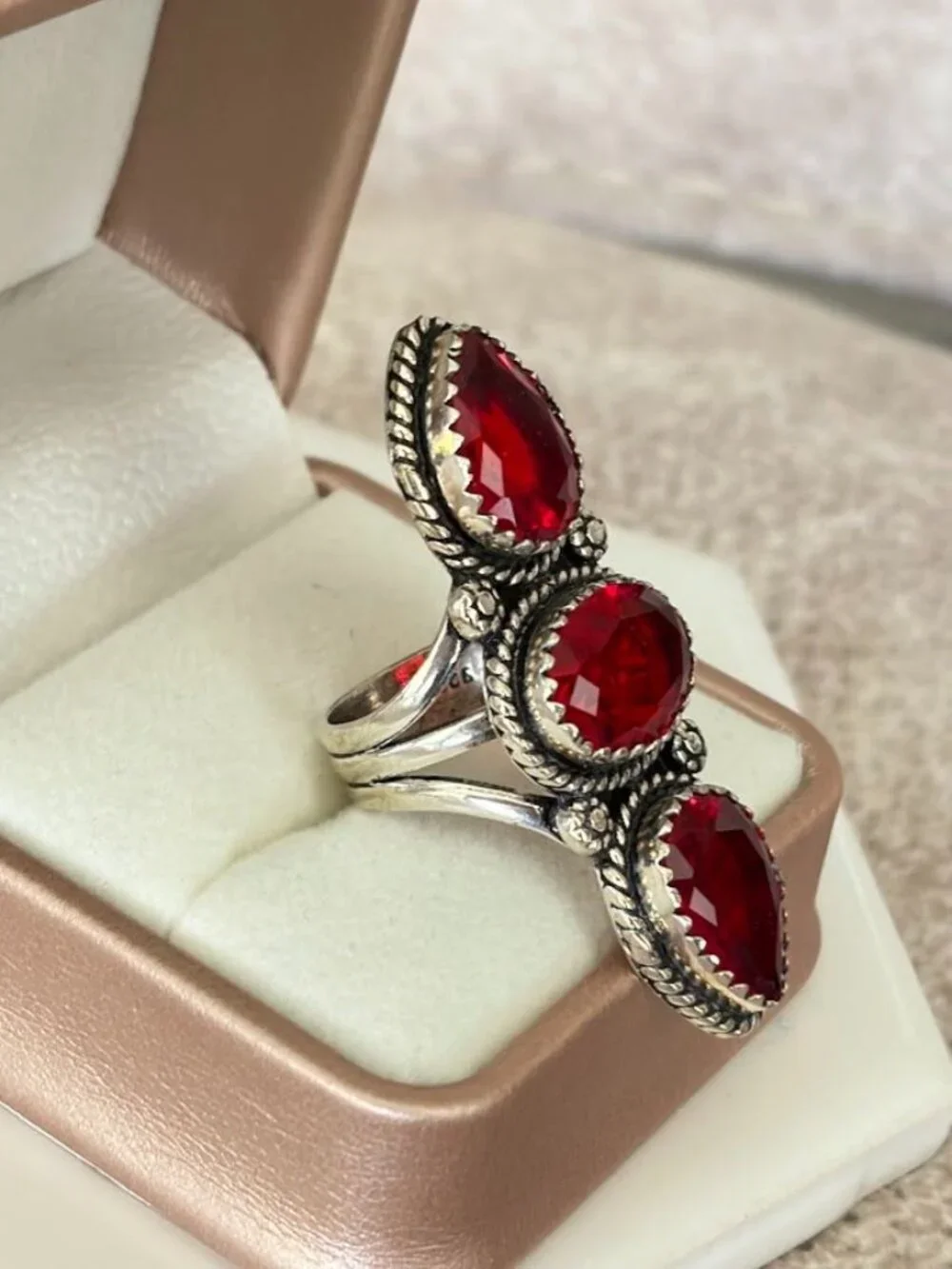 Simulated Garnet Three Stone Statement Ring 925 Silver Plated - Size 6.5